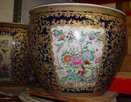Midnight Blue and Gold Lotus Scroll Nature Scene - Luxury Handmade and Painted Reproduction Chinese Porcelain - 20 Inch Fish Bowl | Fishbowl, Planter Style 35
